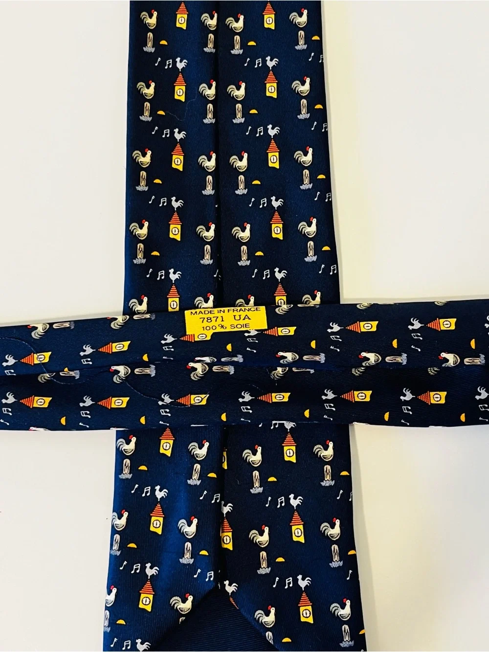 HERMES 7871 UA Mens Neck Tie 100% Silk Vintage France Rooster Clock Fathers Day